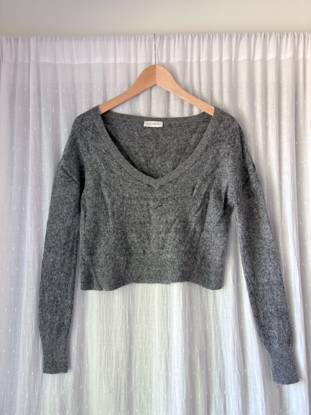 Muse For All Cropped V-Neck Soft Knit Sweater in Gray